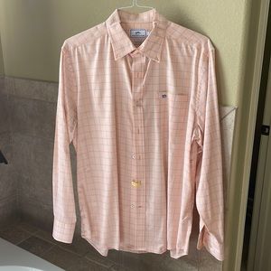 Peach with blue stripe Southern Tide dress shirt. Very spiffy